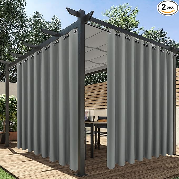 HolidayIdeas Extra Wide Outdoor Curtains for Patio Waterproof, 2 Panels - 110 x 95 Inch - Privacy & Light Filtering Curtains Grommet Outside Curtains for Porch, Gazebo, Pergola, Backyard (Grey) HolidayIdeas