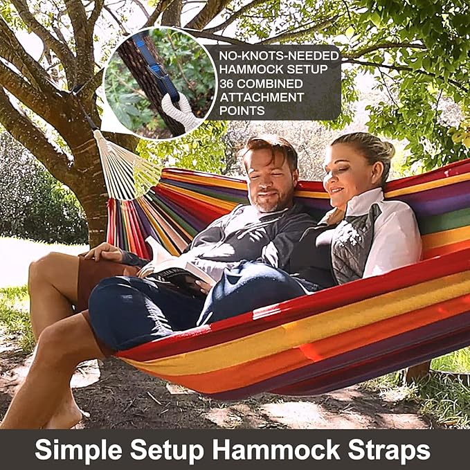Brazilian Double Hammock with Tree Straps,Extra Large 94x63IN,2 Persons Hammock for Backyard Patio Outdoor and Indoor,450lbs Weight Capacity,Soft Woven Cotton Fabric - Aqua Bule Stripe CHULIM