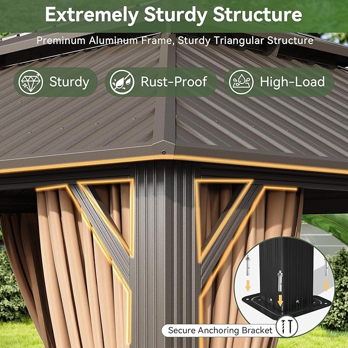 Aoxun 10x12 Gazebo Outdoor Hardtop Gazebo with Double Galvanized Steel Roof Metal Frame Pavilion with Breathable Netting and Privacy Curtain for Backyard (Brown) Aoxun
