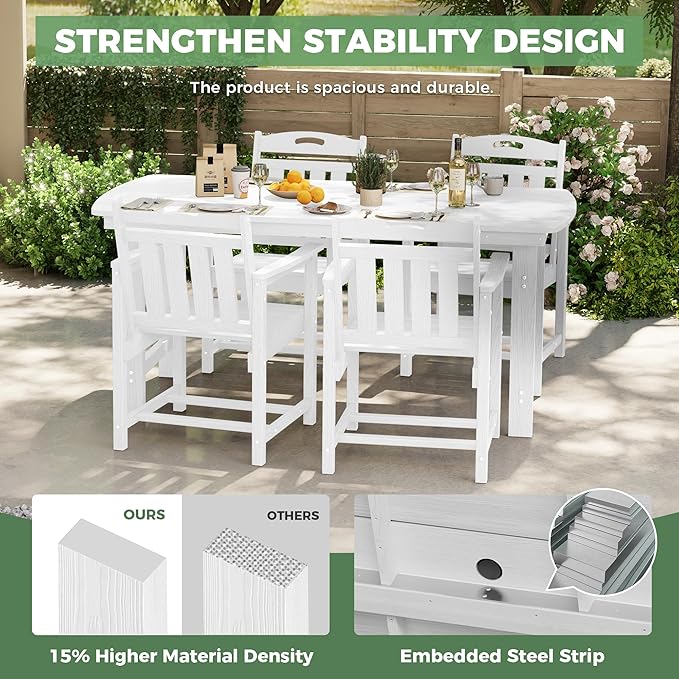 HDPE Outdoor Patio Dining Set with Table & 4 Chairs, All-Weather 5-Piece Outdoor Table and Chairs, 2" Umbrella Hole, Patio Furniture for Garden, Backyard, Deck | White Suunyn
