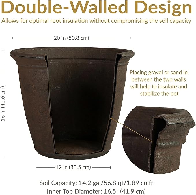 Sunnydaze 20-Inch Anjelica Large Plastic Pot for Plants - Outdoor Double-Walled Large Plastic Planter with Drillable Drainage Holes - Sable SunnydazeDecor