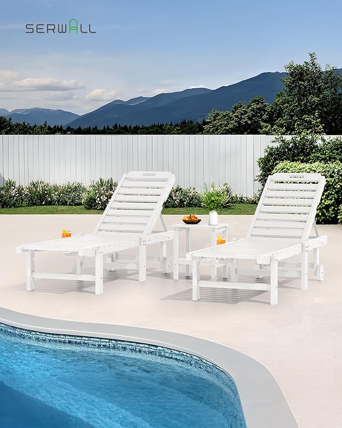 SERWALL Outdoor Chaise Lounge Set of 6, HDPE Pool Lounge Chair with 5-Position Adjustable Backrest, Patio Lounger with Rolling Wheels & Cup Holder for Pool, White SERWALL
