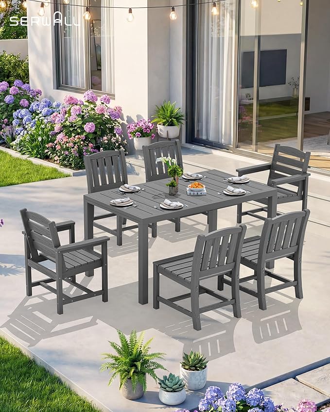 SERWALL 9-Piece Outdoor Dining Set, 60" - 83" Expandable Outdoor Dining Table and 8 HDPE Chairs, All Weather HDPE Outdoor Furniture Set for Backyard, Garden, Grey SERWALL