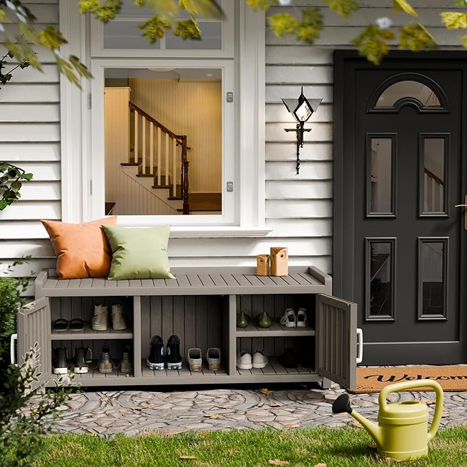 Storage Bench - Waterproof Resin Shoe Bench with Adjustable Shelves - Indoor & Outdoor Use, 2 Doors Entryway Bench with Hidden Storage Space - Storage Cabinet for Bedroom, Hallway, Grey Outdoorchairs