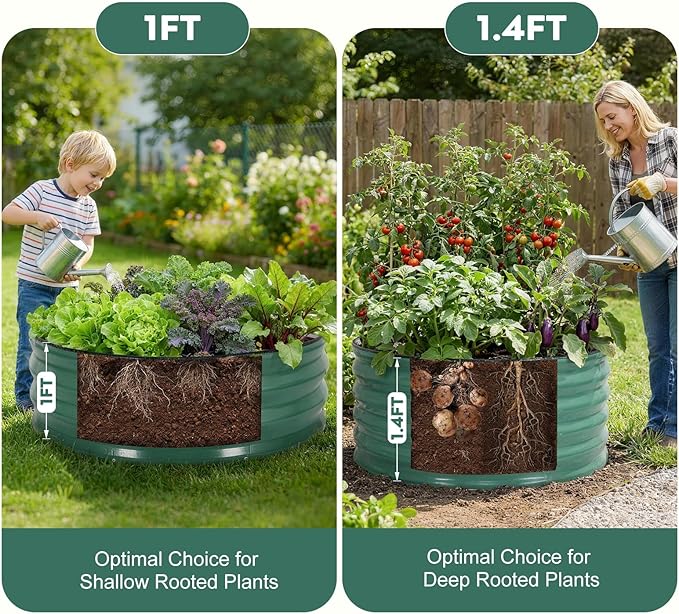 ZORMY Galvanized Raised Garden Bed Outdoor, Round Metal Planter Boxes 2 Pcs, 3x3x1.4ft Steel Raised Bed Kit for Planting Vegetables, Fruits, Flowers(LotusGreen) ZORMY