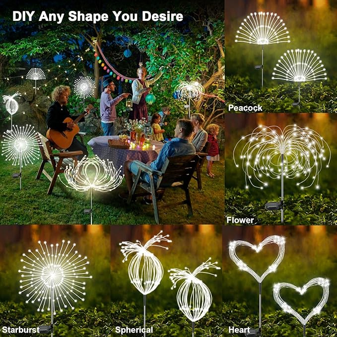 Solar Garden Lights Outdoor, 2 Pack 120 LED Twinkling Firework Lights Decorative with 2 Modes, Outdoor Waterproof Solar Starburst Light for Outside Yard Pathway Garden Decor, White Yaafen