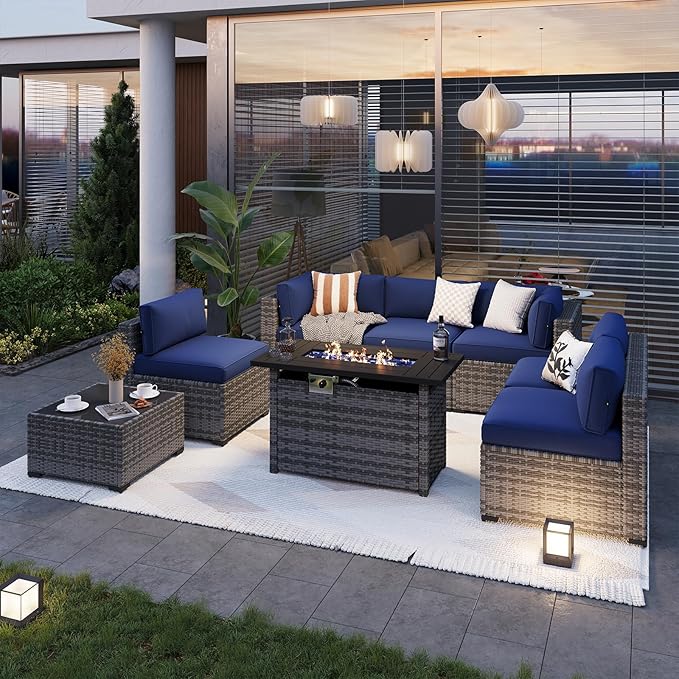 Aoxun Patio Furniture Sets, 8-Piece Outdoor Patio Furniture with 44'' Propane Gas Firepit Table, Wicker Outdoor Conversation Set Sectional Sofa for Backyard, Poolside, Garden Aoxun