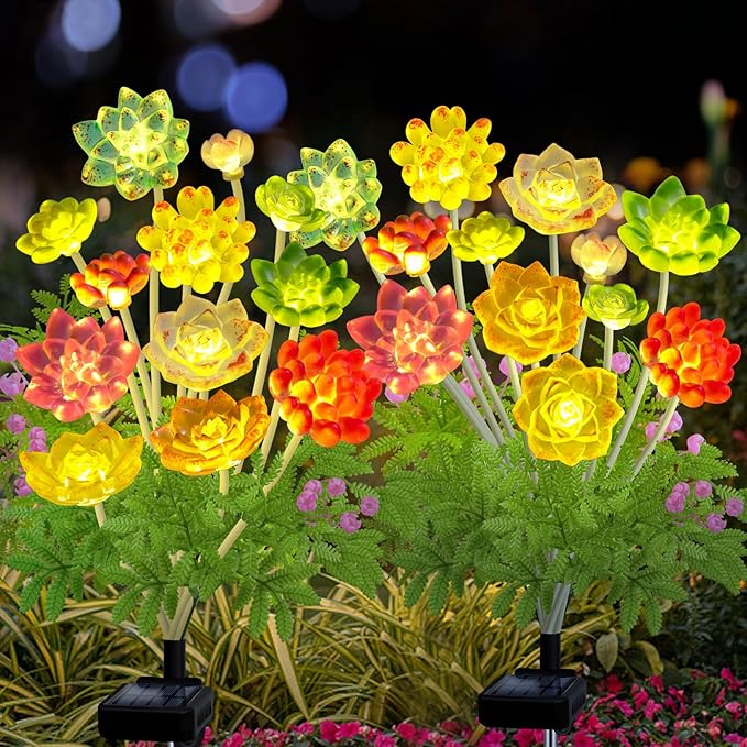 Solar Garden Lights Outdoor, 2 Pack Upgraded Succulent Solar Flowers Outside Waterproof, Gardening Gifts for Women Mother, Decorative Solar Powered Lights Yard Decor for Lawn Backyard Patio Pathway KohlrabiDecor