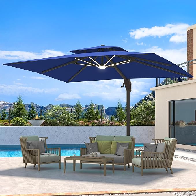 10 X 13 FT Cantilever Patio Umbrella with LED Lights Outdoor Heavy Duty Double Top Windproof Rectangle Offset Umbrellas with 360-degree Rotation for Pool Deck Backyard, Navy Ombrellon