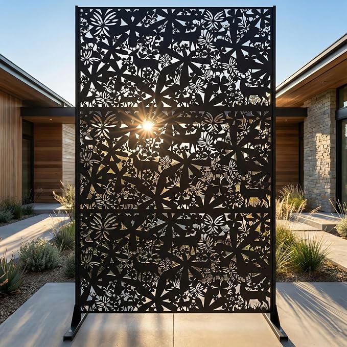 Metal Privacy Screen Outdoor 6FT – Freestanding Laser Cut Steel Garden Divider Panel with Stand, Decorative Modern Privacy Screen for Patio, Deck, Backyard & Balcony, Rustproof & Weather-Resistant Rootora
