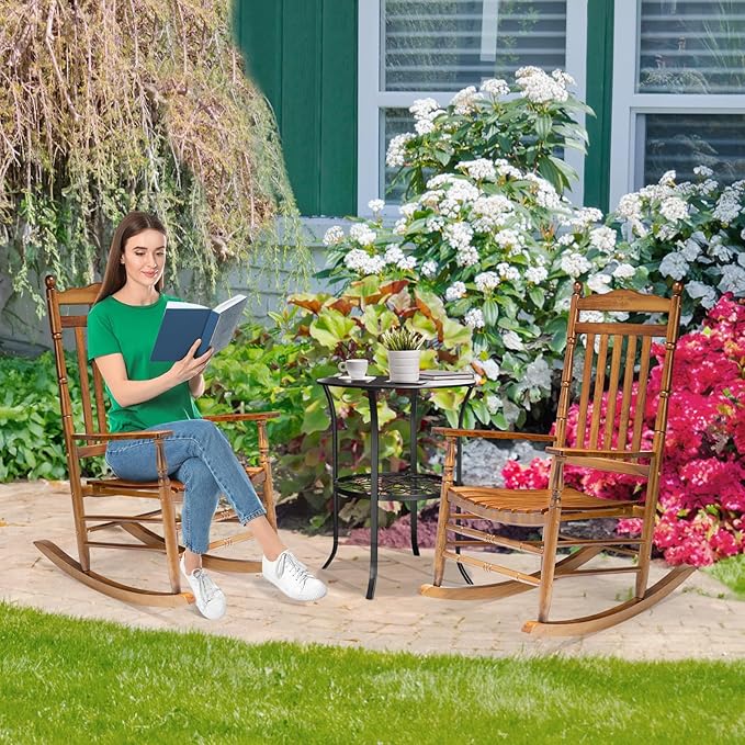 VINGLI Wooden Rocking Chair, Outdoor Chair with 450 lbs Support, Relaxing Rocker with Solid Wood High Back Seat Reclining Seat for Deck, Garden, Backyard, Porch, Indoor or Outdoor Use (Teak, 2PCS) VINGLI