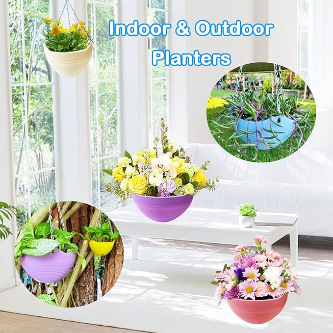 7 Pack 8 Inch Plastic Self-Watering Hanging Planters,Colorful Garden Flower Plant Pot Container Baskets with Drainer Chain for Indoor Outdoor Use,7 Colors Cshangzei