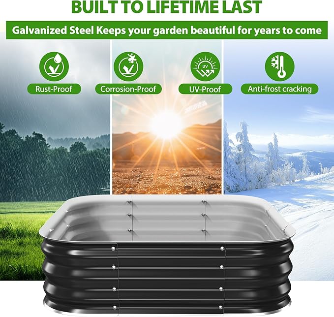 Galvanized Raised Garden Bed for Gardening, 4x4x1ft Large Square Metal Planter Boxes Outdoor for Vegetable,Flower,Herb,Modular Above Ground Growing Container,Black, Easy Assembly Rootora