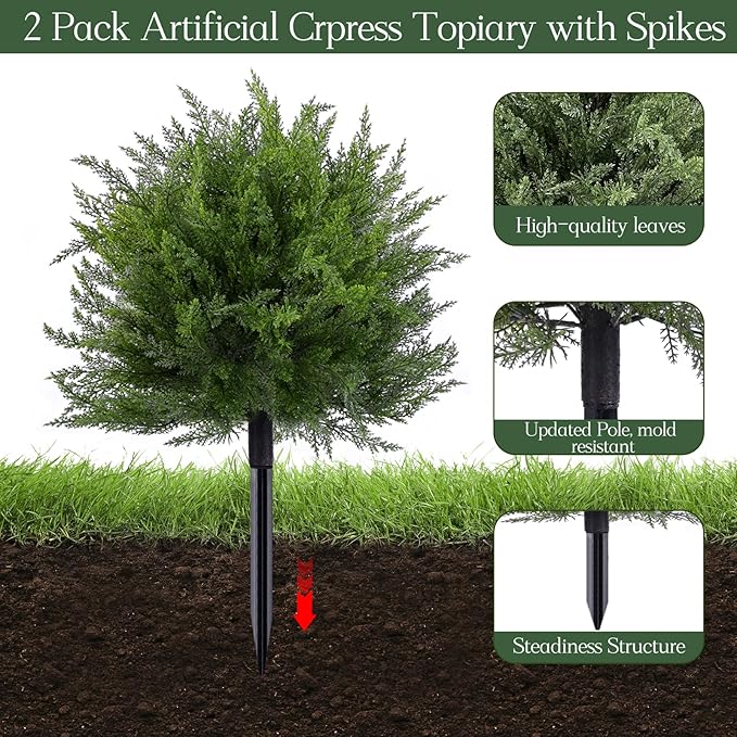 Artificial Topiary Bushes for Outdoors with Spike, Boxwood Ball Fake Shrubs UV Resistant Faux Plants for Indoor Outdoor Fall Thanksgiving Halloween Decor (Cedar Topiary Ball Trees) FAJUNZH