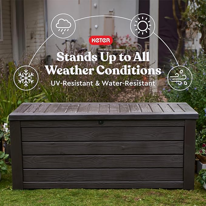Keter Westwood 150 Gallon Deck Box Organizer, Doubles as 2-Person Bench Seat, Brown – Large Resin Outdoor Storage and Seating with Lockable Lid for Garden, Pool, and Patio Keter