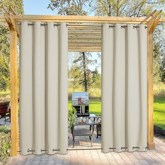 NICETOWN Outdoor Curtain for Patio Waterproof & Windproof, Thermal Insulated Top and Bottom Fixed Rustproof Grommets Light Block Outdoor Curtain Drape for Pool, Beige, 1 Panel, W52 by L95 NICETOWN