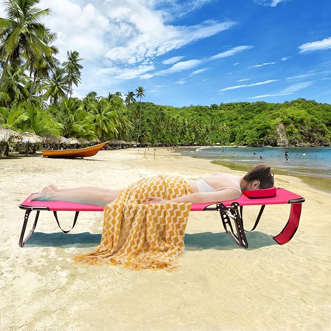 GYMAX Tanning Chair, 350lbs Beach Lounge Chair with Face Hole, Washable Pillow & Carry Strap, Adjustable Folding Chaise Lounge, Layout Chair for Outside, Patio, Poolside, Lawn (1, Pink) GYMAX