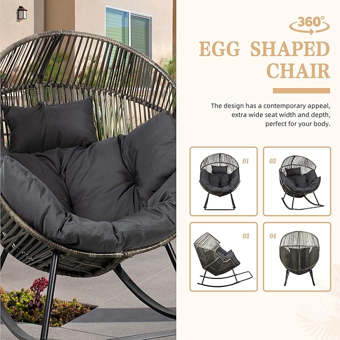 Vongrasig Wicker Egg Chair PE Rattan Rocking Chair with Cushion, Oversized Patio Lounge Rocker Chair for Outdoor, Indoor, Balcony, Backyard, Garden, Black/Rattan Vongrasig