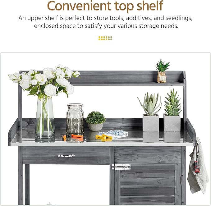 Yaheetech Outdoor Potting Bench Table, Garden Workstation w/Metal Tabletop/Cabinet Drawer/Open Top/Lower Shelf/Handy Hooks for Horticulture,Gray Yaheetech