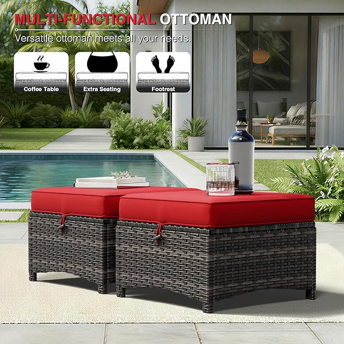 Joyside Outdoor Ottoman Set of 2, Patio Large Ottoman Foot Rest with Thickened Cushions, Outdoor Wicker Foot Stool for Porch, Deck Use Joyside