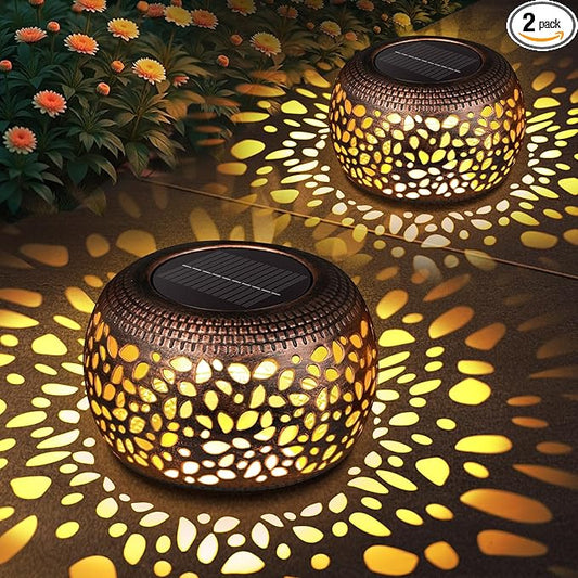 Solar Lanterns Outdoor Waterproof Decor: 2 Pack Red Copper Hollow Out Retro Metal Solar Lights - Unique Gardening Gifts for Women Mom - Outside Patio Porch Yard Tabletop Decorations 2 Lighting Modes NFEVER
