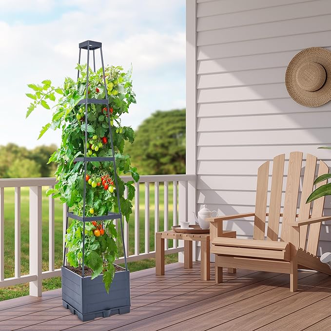 GENMOUS Raised Garden Bed with Tomato Planter Box Trellis, 56'' Tomato Cages for Garden, Tomato Planter Cage for Patio for Climbing Plants Vegetable Vine Flowers Outdoor & Indoor, 4 Pack GenMousCo