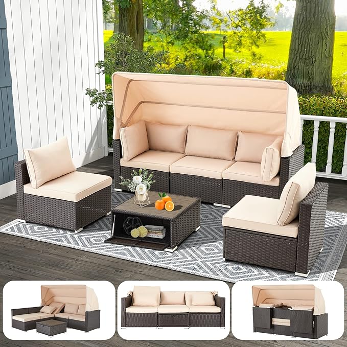 HOMREST 6 Pieces Patio Furniture Sets, Rattan Daybed with Retractable Canopy, Outdoor Sectional Sofa Set with Adjustable Backrest, Chaise Chair Sunbed for Garden Poolside Backyard (Khaki) HOMREST