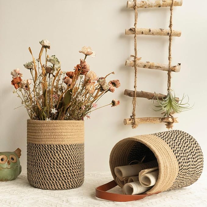 Goodpick 2pack Jute Rope Hanging Basket - 7.87" x 7" Small Woven Fern Wall Hanging Basket Flower Plants, Woven Storage, Black and Jute Goodpick