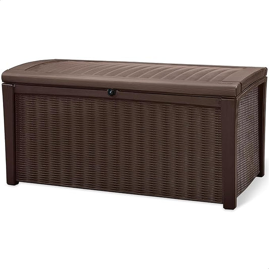 Keter Borneo 110 Gallon Resin Deck Box - Organization and Storage for Patio Furniture, Outdoor Cushions, Throw Pillows, Garden Tools and Pool Toys, Brown Keter