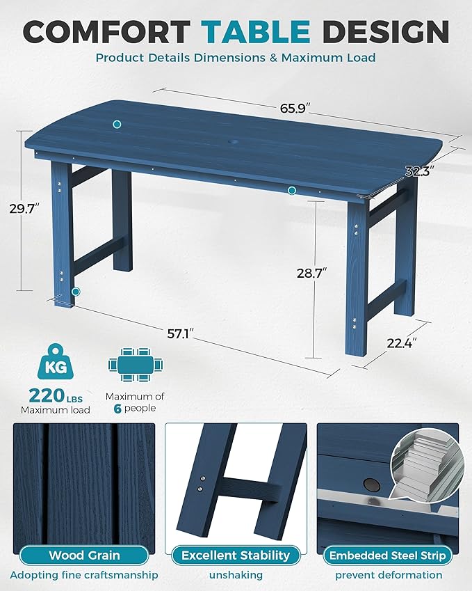 Ciokea HDPE Outdoor Dining Table with Umbrella Hole,66" Rectangle Patio Table for 6,All-Weather Outdoor Patio Furniture Set for Garden Backyard,Navy Blue CIOKEA