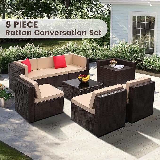 8-Piece Patio Furniture Set, Outdoor Wicker Rattan Sectional with Thick Cushions, Glass Top Table with Hidden Storage, Outdoor Conversation Set for Backyard, Porch, Patio, Beige KROFEM
