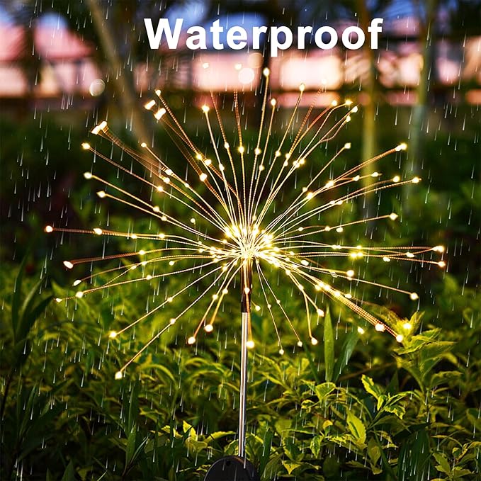 JJGoo Outdoor Solar Lights Firework, 2 Pack 120 LEDs Waterproof Solar Lights for Outside Garden Yard Pathway Fence - Warm White JJGoo