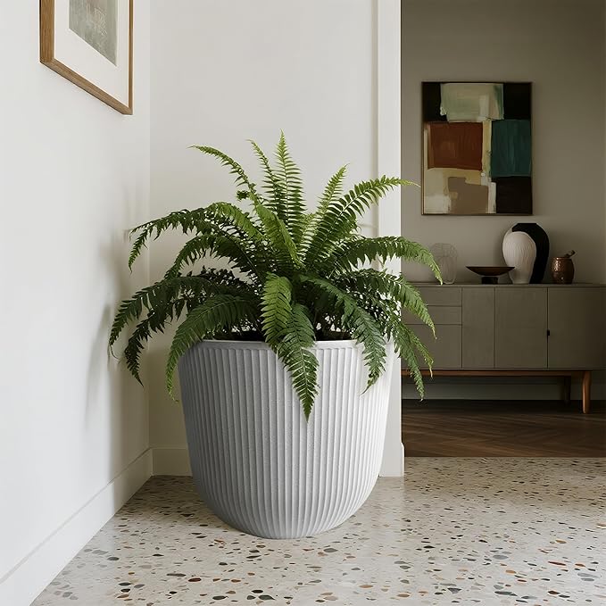 WORTH Garden Round Large Planter Pot Set of 2-17.5" Dia x 15.5" H - Durable Plastic White Plant Tree Pots with Vertical Stripe Textured Finish, Drainage Hole for Indoor, Outdoor, Front Porch, Patio WORTH