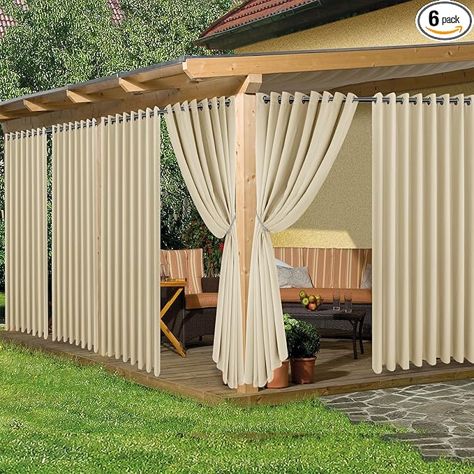 HolidayIdeas Extra Wide Outdoor Curtains for Patio Waterproof, 6 Panels - 110x95 Inches - Weatherproof Privacy Outsides Curtains for Backyard Porch Gazebo, Sunlight & UV Blocking (Cream, Grommet Top) HolidayIdeas