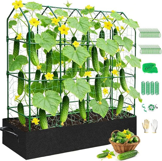 Large Cucumber Trellis for Climbing Plants Outdoor with Grow Bag,67" Tall Metal U-Frame Plant Trellis for Raised Bed with Garden Netting and Plant Clip Plant Ties for Vegetables Tomatoes Squash Pea Rootora