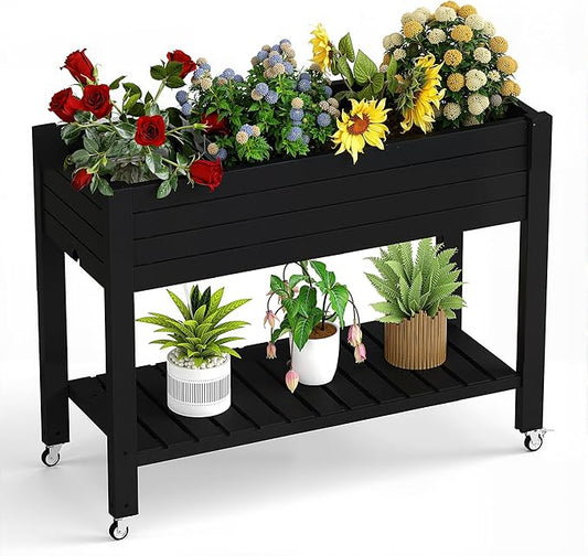 Raised Garden Bed with Legs, 33.66" Tall Self-Watering Resin Planter Box with Lockable Wheels Drainage Plug and Gauge for Vegetables, Flowers, Storage Shelf for Tools and Accessories (Black) OutdoorLivingPerfected