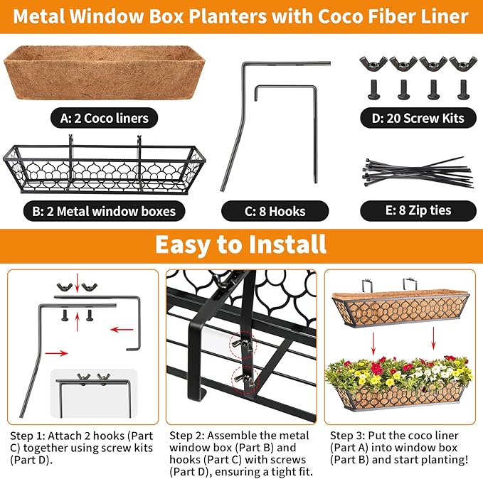 Riare 2 Pack 24 Inch Window Boxes Planters with Coco Liner, Metal Deck Railing Planter Boxes, Balcony Planters Railing Hanging, Horse Trough Window Flower Planter Boxes for Outdoor Porch Fence Patio Riare