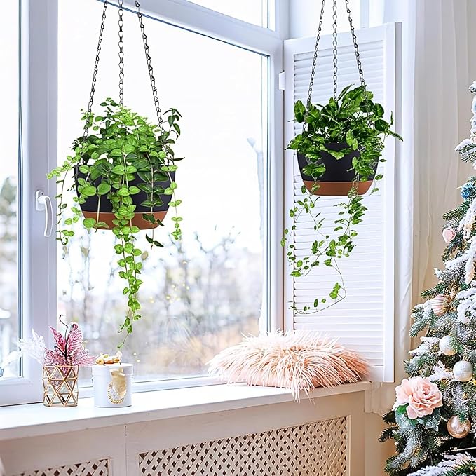 Hanging Planters for Indoor Plants, Set of 2 8/10 Inch Self-Watering Hanging Pots with Drainage Hole & Removable Water-Storage Tray II Screw-in Hooks Rootora