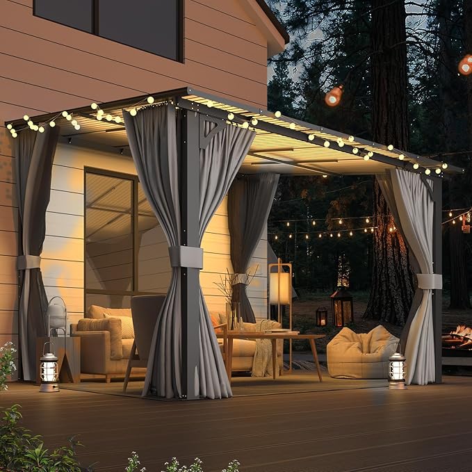AECOJOY 10’ x 10’ Gazebo, Wall Mounted Gazebos Pergola with Curtains and Mosquito Netting, Enhanced Protective Outdoor Patio Lean to Gazebo Awnings for Deck, Porch, Backyard and Outside AECOJOY