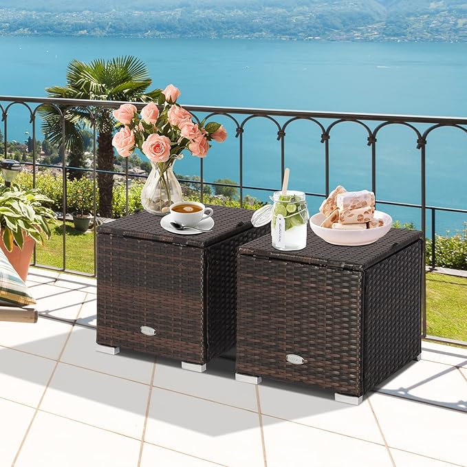 Tangkula 2 Pieces Patio Ottomans, Patiojoy Hand-Woven PE Rattan Side Table with Removable Cushion & Hidden Storage Space, Multifunctional Storage Box, Seat for Patio, Backyard, Poolside (Off White) TANGKULA
