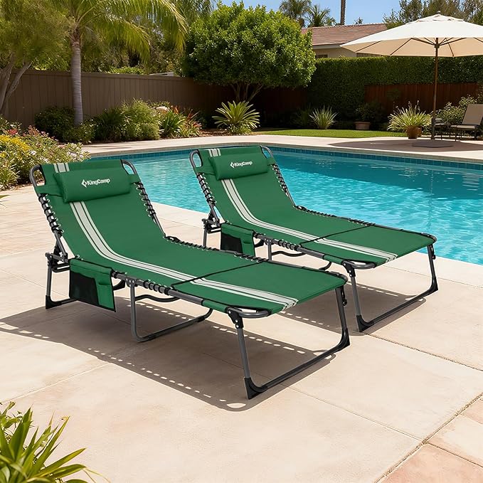 KingCamp 2 Pack Folding Lounge Chair Outdoor, Tanning Chair with Face Hole Comfy Adjustable 5-Position Foldable Chaise Chaser Lounger for Outside Beach Patio Sun Bathing Pool, Green/White KingCamp