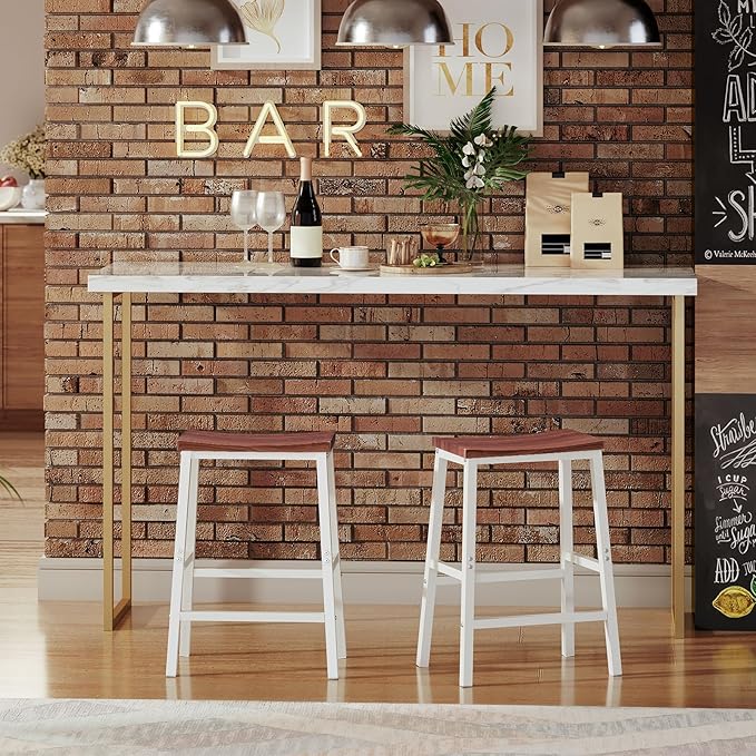 HOOBRO Bar Stools, Set of 2 Bar Chairs, 23.6 Inch Saddle Stools, Kitchen Counter Seat with Footrests, Industrial Barstools for Dining Room, Kitchen, Counter, Bar, Walnut and White HW02MD01 HOOBRO