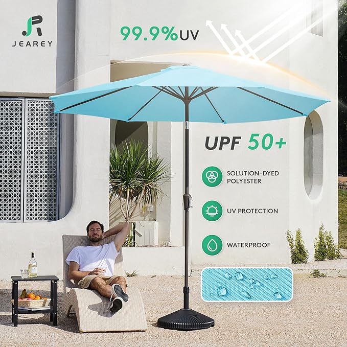 JEAREY 9FT Patio Umbrellas Outdoor Table Umbrella with Push Button Tilt and Crank, Market Umbrella 8 Sturdy Ribs UV Protection Waterproof for Garden, Deck, Backyard, Pool (Sky Blue) JEAREYOutdoorsCollection