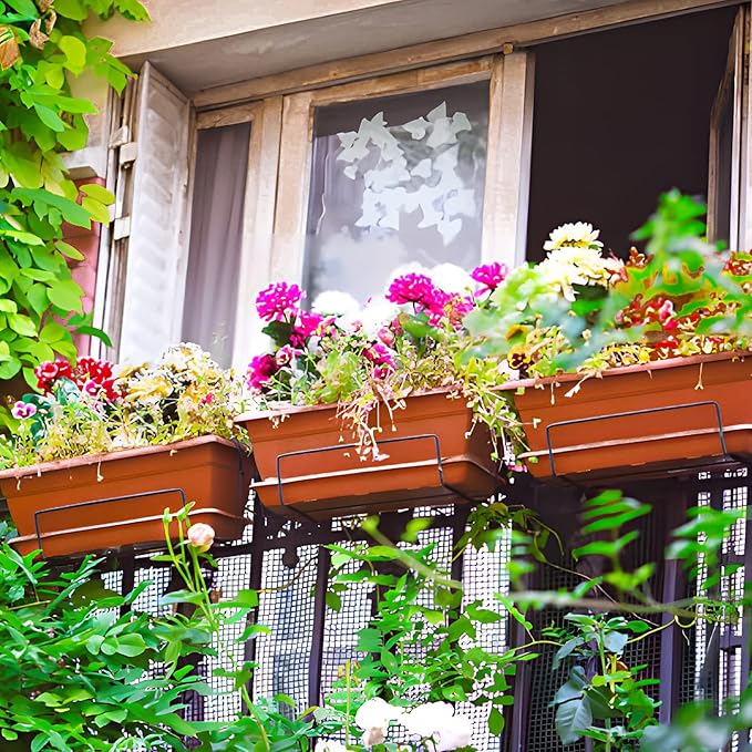 6 Packs Window Box Planter, 17 Inches Flower Window Box Rectangular Plastic Vegetable Planters with Trays for Windowsill, Patio, Garden, Balcony, Brick Red OSMOFUZE