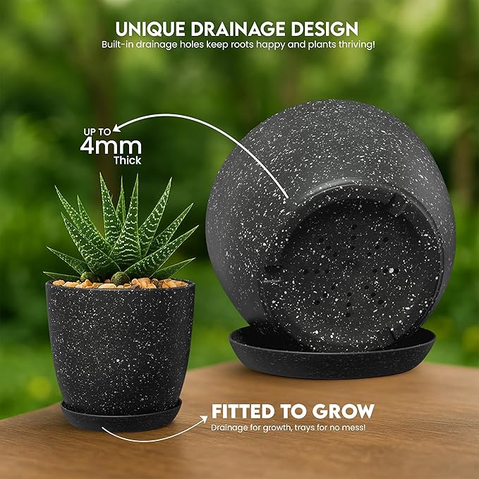 Utopia Home - Spotty Plant Pots Indoor with Drainage - 7/6.6/6/5.3/4.8 Inches Flower Pots - 10 Pack Plastic Planters - Ideal for Stocking Stuffers - (Speckled Black, Pack of 10) UTOPIAHOME