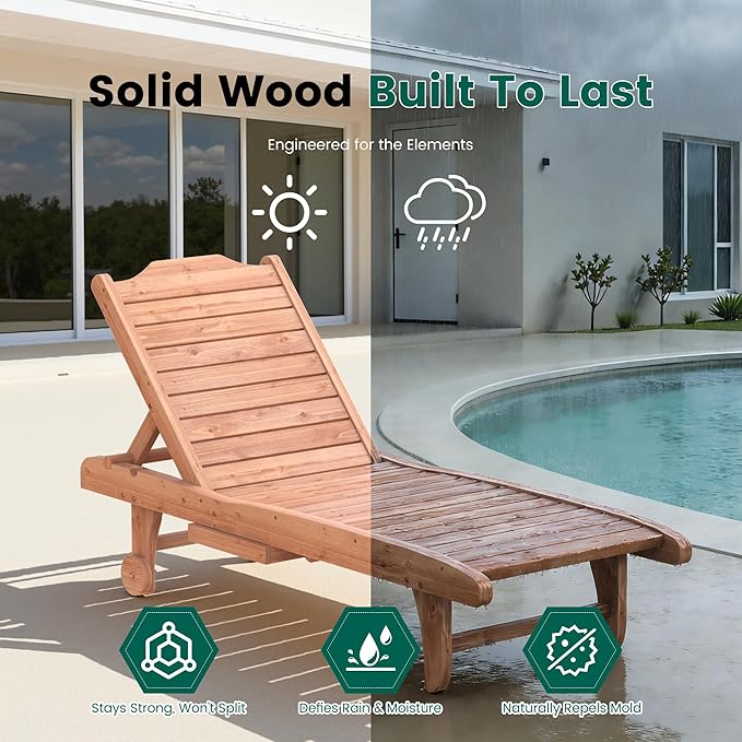 Wooden Chaise Lounge Chair, 3-Position Adjustable Outdoor Tanning Chair with Hidden Side Tray & Wheels, Poolside Patio Sun Chair EUNHOO