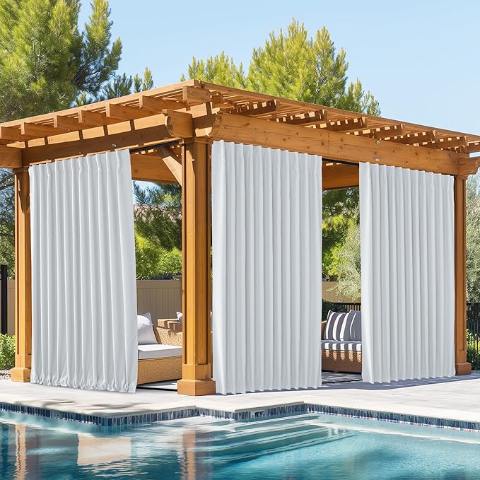 NICETOWN 2 Panels Outdoor Curtains Waterproof Pocket & Back Tab on Top & Bottom, Thermal Insulated Windproof Sun Blocking Outside Privacy Drapes for Patio with Fixed Rope, W84 x L95, Greyish White NICETOWN