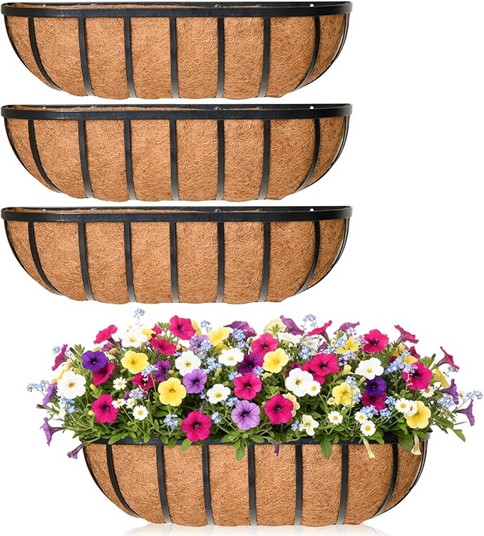 36'' Window Box Railing Planter with Coco Liner,4 Pack Horse Trough Planters Black Metal Hanging Flower Planters Basket for Porch Fence Patio Indoor Outdoor Lawn Qusuxi