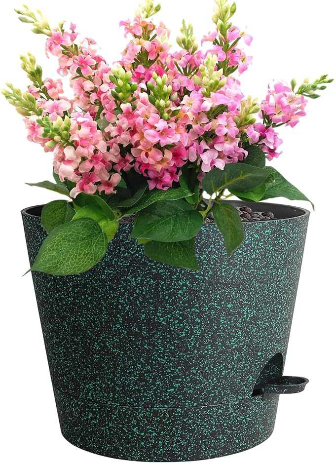 12 inch Large Self Watering Pots for Indoor Outdoor Plants, Flower Plant Pots with Mesh Drainage Holes for Garden, Plastic Planters with Reservoir for Home Plants, Black with Green Speckles Meowell