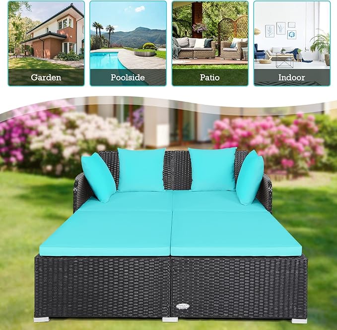 RELAX4LIFE Rattan Patio Outdoor Daybed, Wicker 2-Person Sunbed Loveseat with Soft Cushions, 4 Pillows, Curved Backrest & Armrest, Double Bed Lounger Sofa Set for Balcony Porch, Patio Bed (Turquoise) RELAX4LIFE